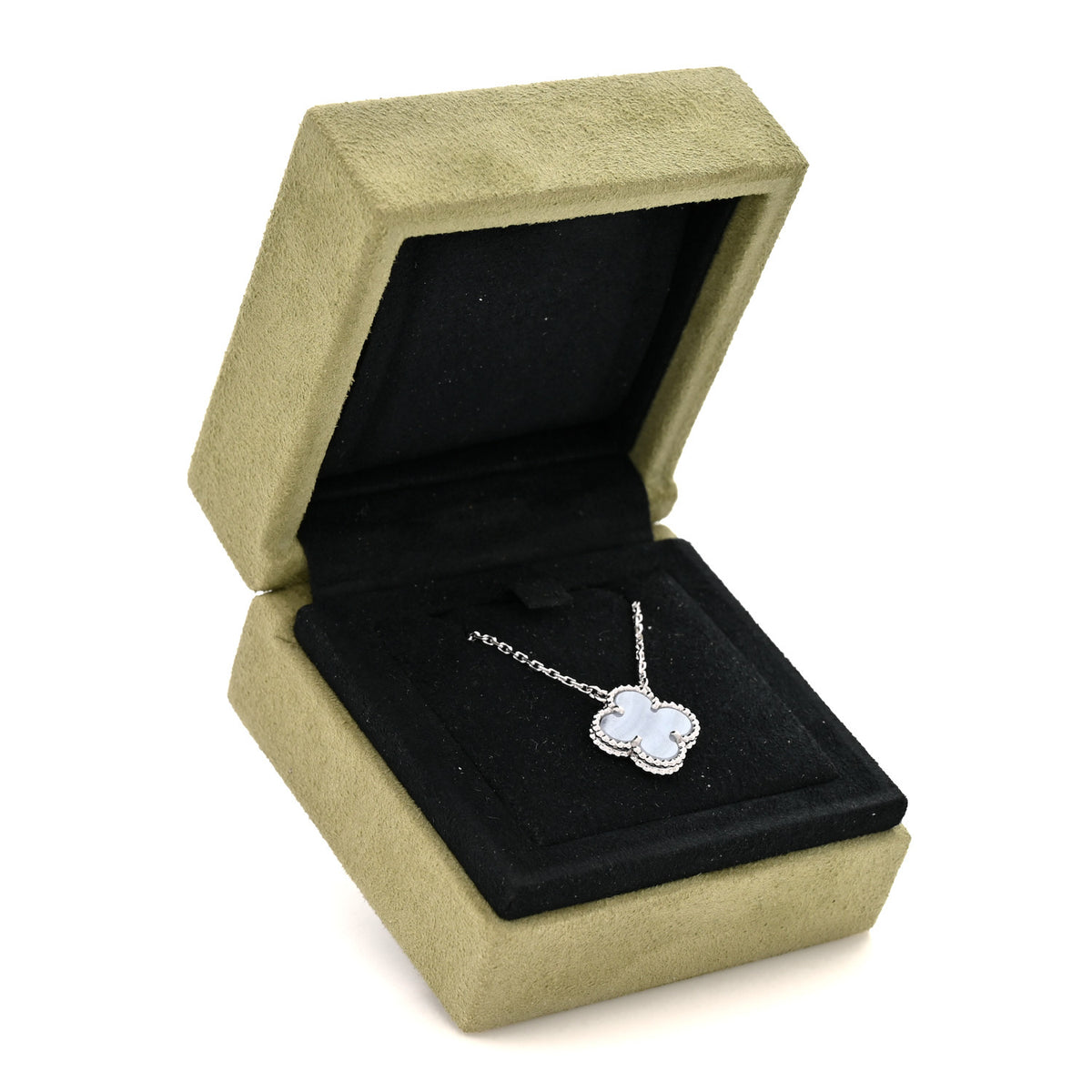 Van Cleef & Arpels 18k White Gold Chalcedony Vintage Alhambra Pendant Necklace 6 of 6