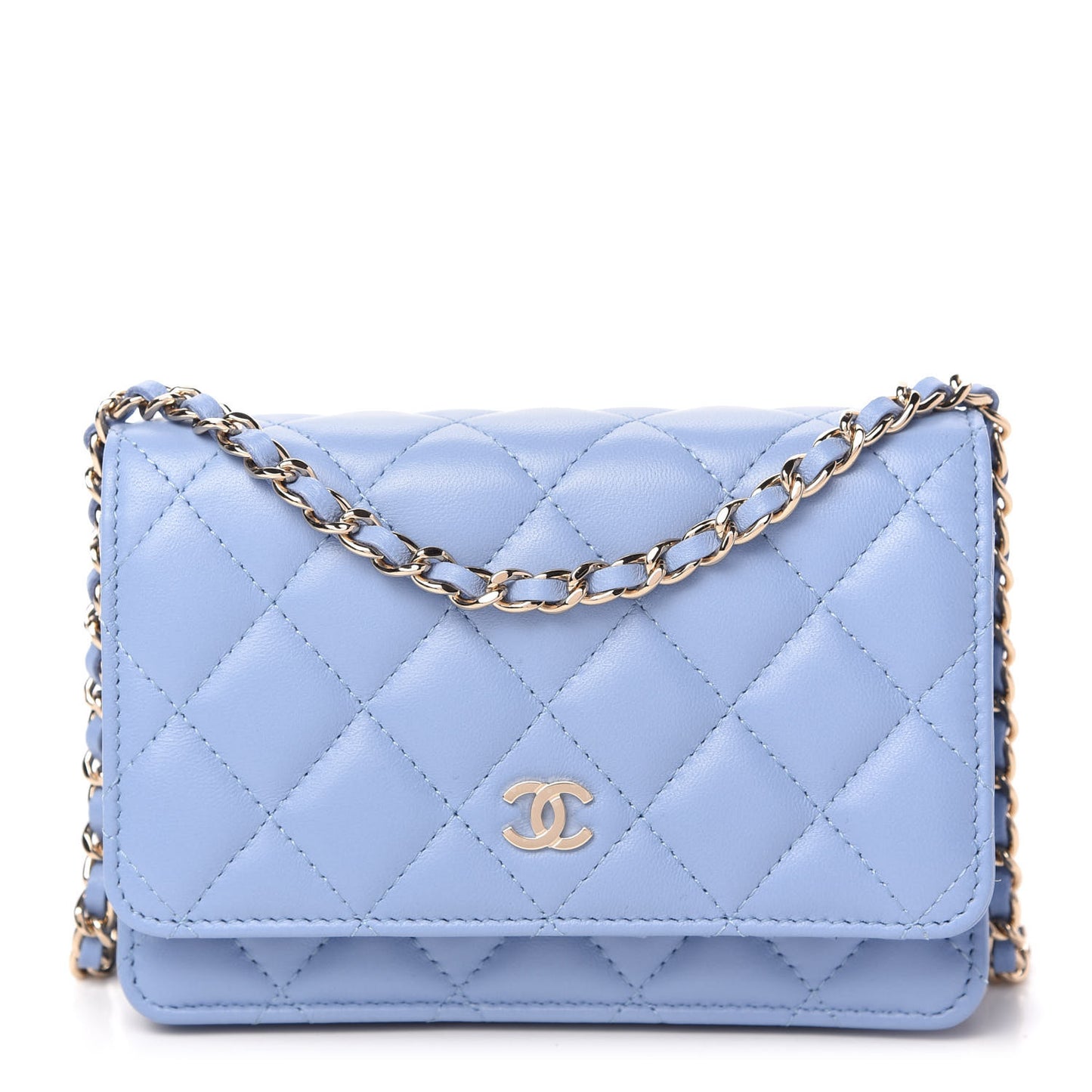 Lambskin Quilted Mini Wallet On Chain WOC Light Blue