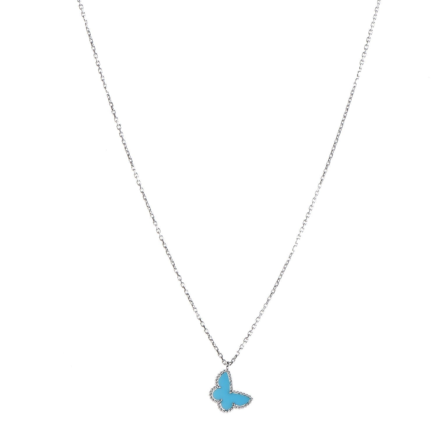 Van Cleef & Arpels 18K White Gold Turquoise Sweet Alhambra Butterfly Pendant Necklace 1 of 7