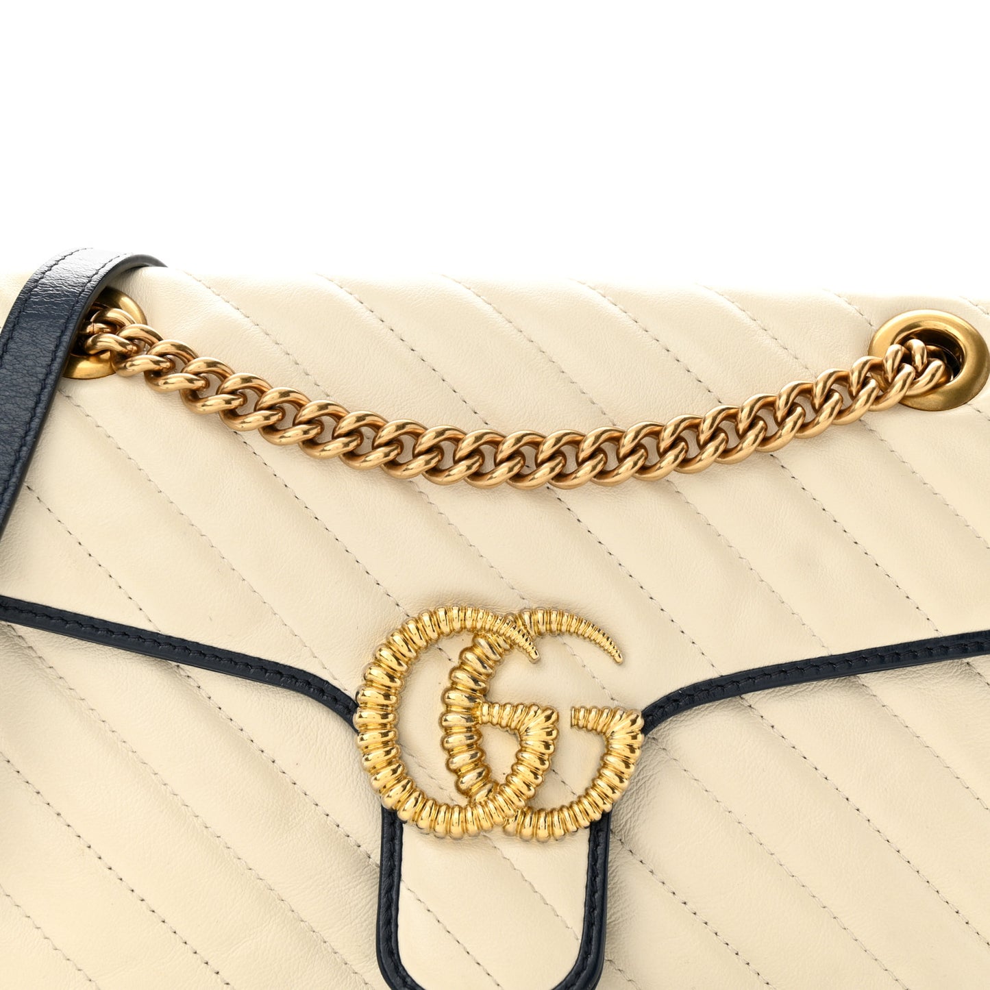 Vintage Effect Calfskin Matelasse Diagonal Small Torchon GG Marmont Shoulder Bag Mystic White Blue Agata