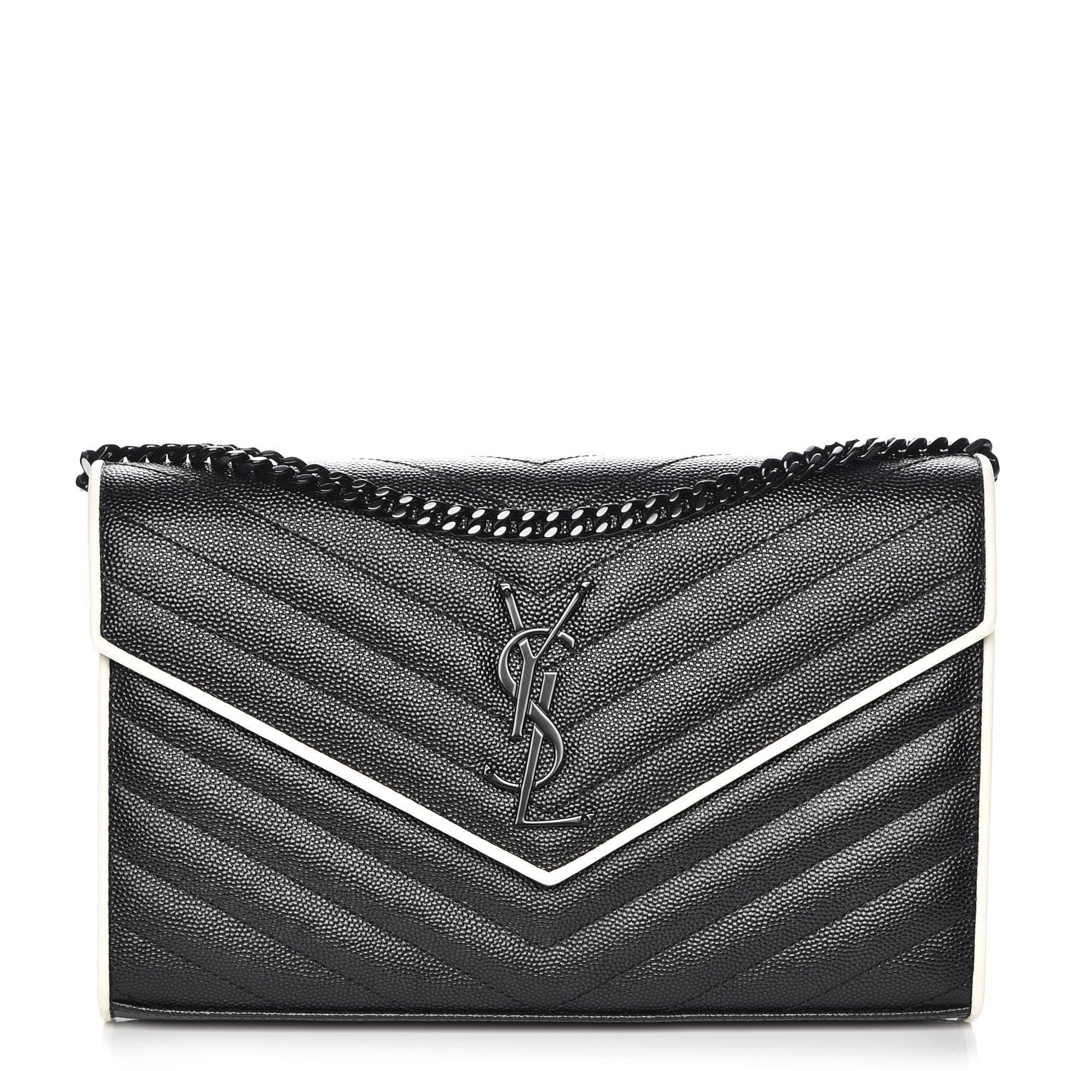 Saint Laurent Grain De Poudre Matelasse Chevron Monogram Chain Wallet Black White 1 of 8