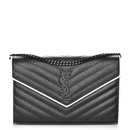 Saint Laurent Grain De Poudre Matelasse Chevron Monogram Chain Wallet Black White 1 of 8
