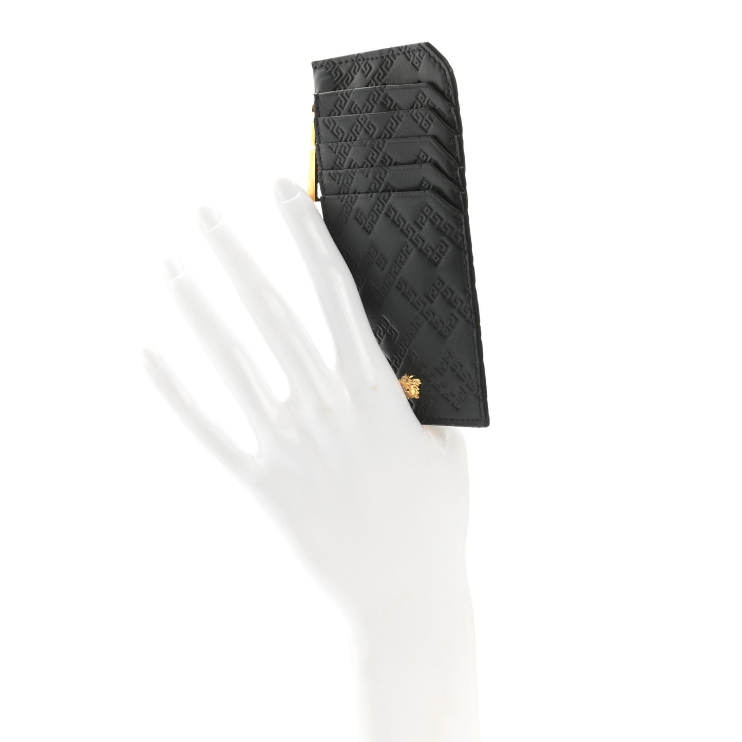 Calfskin Greek Key Embossed Zip Card Holder Black