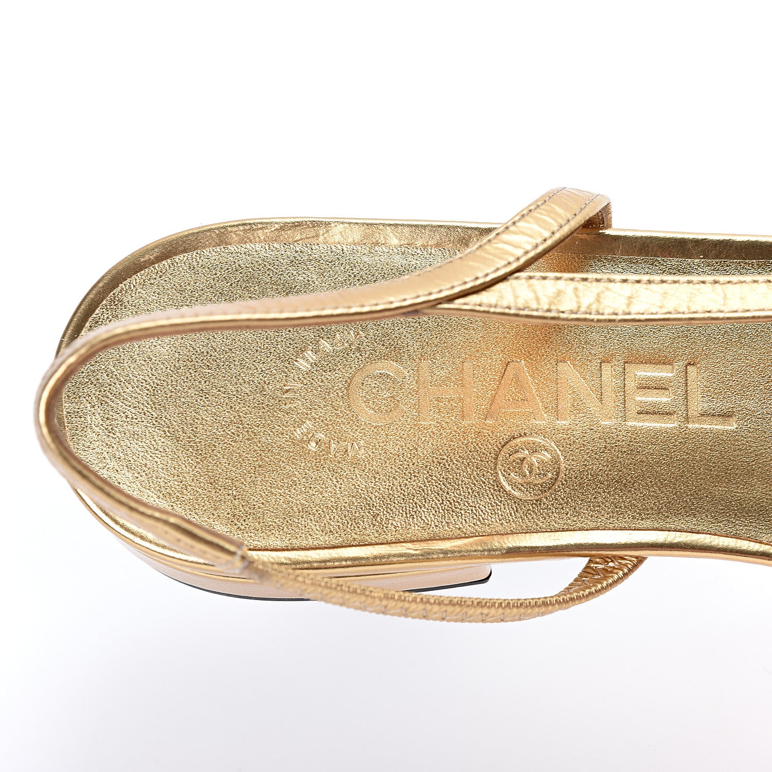Chanel Laminated Lambskin Grosgrain Cap Toe CC Slingback Flats 37.5 Gold Black 6 of 8