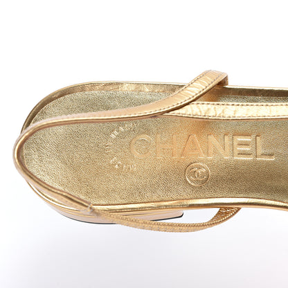 Chanel Laminated Lambskin Grosgrain Cap Toe CC Slingback Flats 37.5 Gold Black 6 of 8