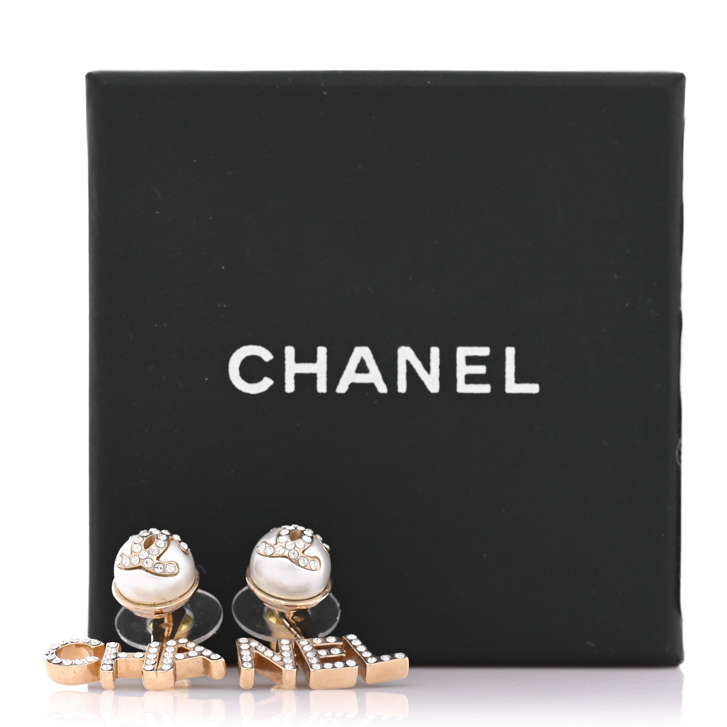 Chanel Pearl Crystal Logo Earrings Gold Pearly White 6 of 6