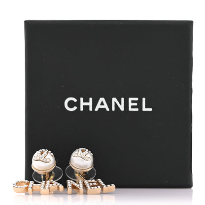 Chanel Pearl Crystal Logo Earrings Gold Pearly White 6 of 6