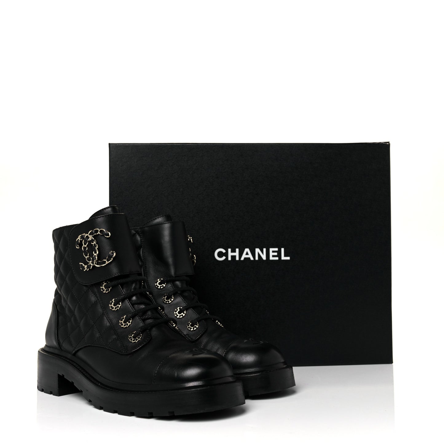 Lambskin Calfskin Quilted Lace Up Combat Boots 39.5 Black