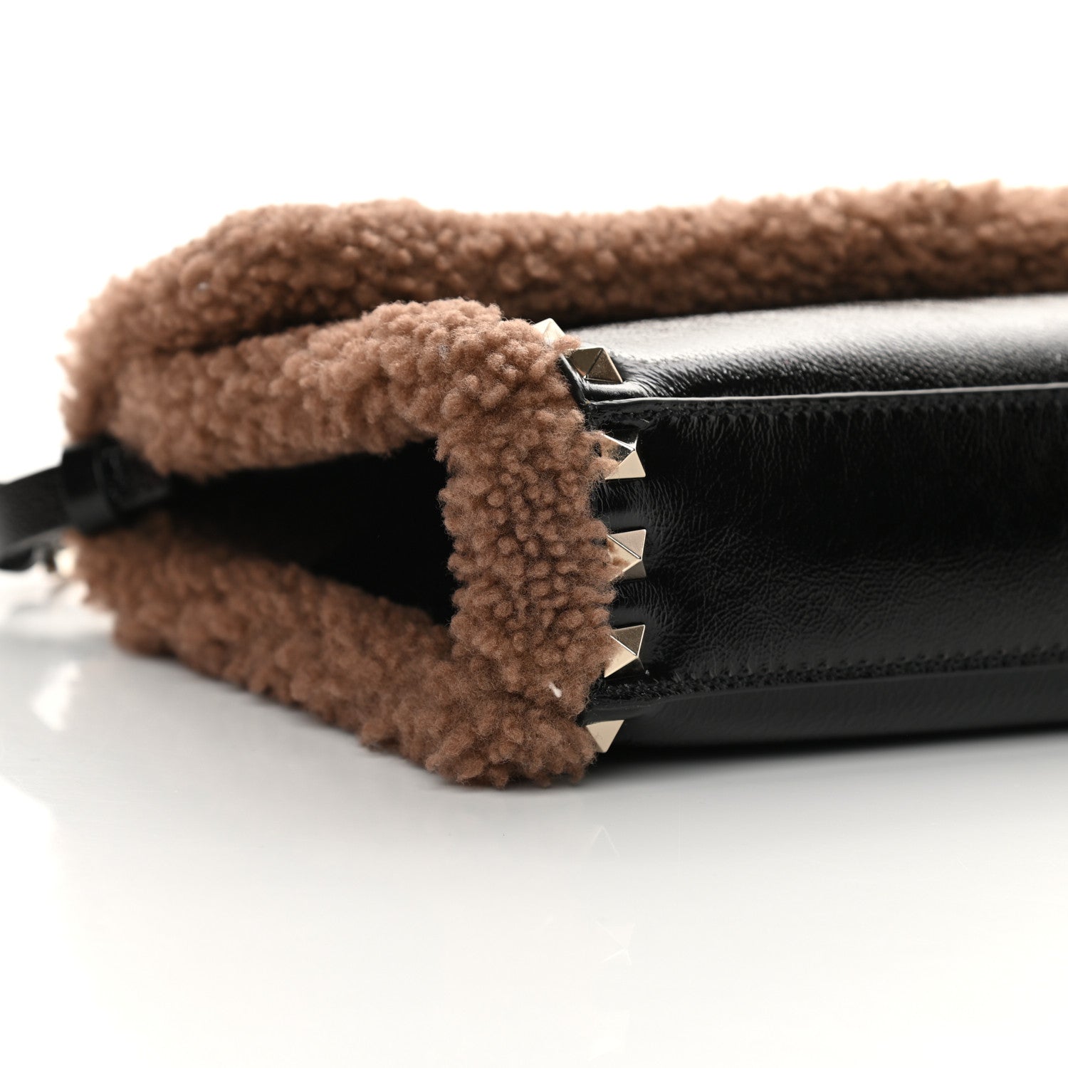 Valentino Garavani Textured Patent Calfskin Shearling Medium Rockstud Flip Lock Crossbody Bag Black 7 of 10