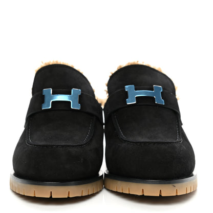 Hermes Suede Goatskin Woolskin Flore 60 Mules 39 Black Camel 2 of 8