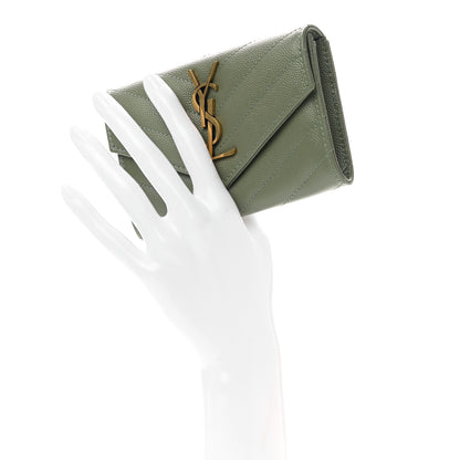 Saint Laurent Grain De Poudre Matelasse Chevron Small Monogram Envelope Wallet Light Sage 2 of 8