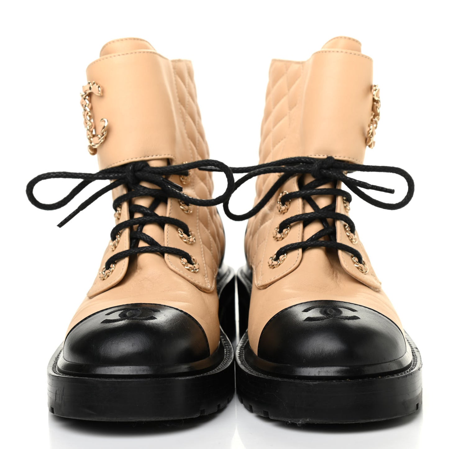 Lambskin Calfskin Quilted Lace Up Combat Boots 39 Beige Black