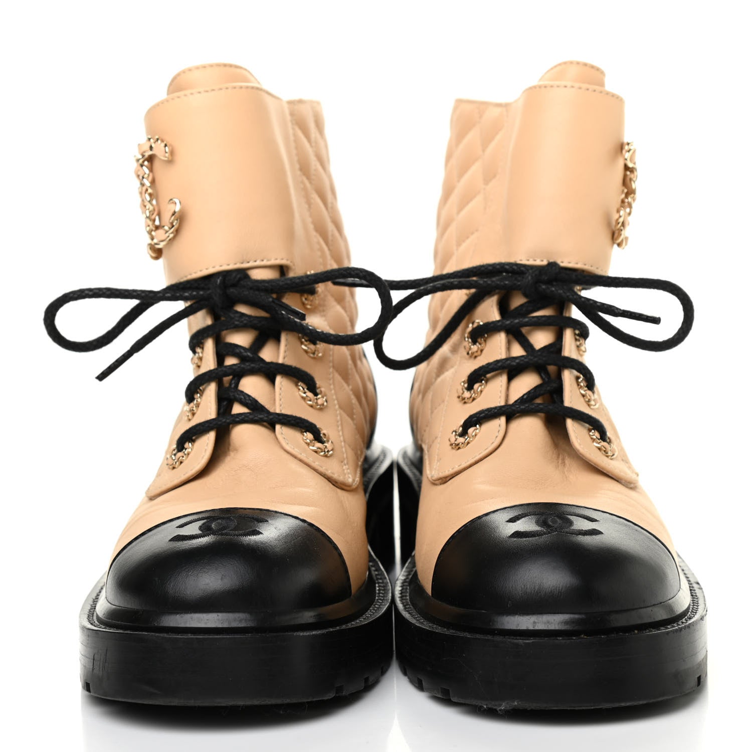 Chanel Lambskin Calfskin Quilted Lace Up Combat Boots 39 Beige Black 2 of 7