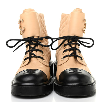 Chanel Lambskin Calfskin Quilted Lace Up Combat Boots 39 Beige Black 2 of 7