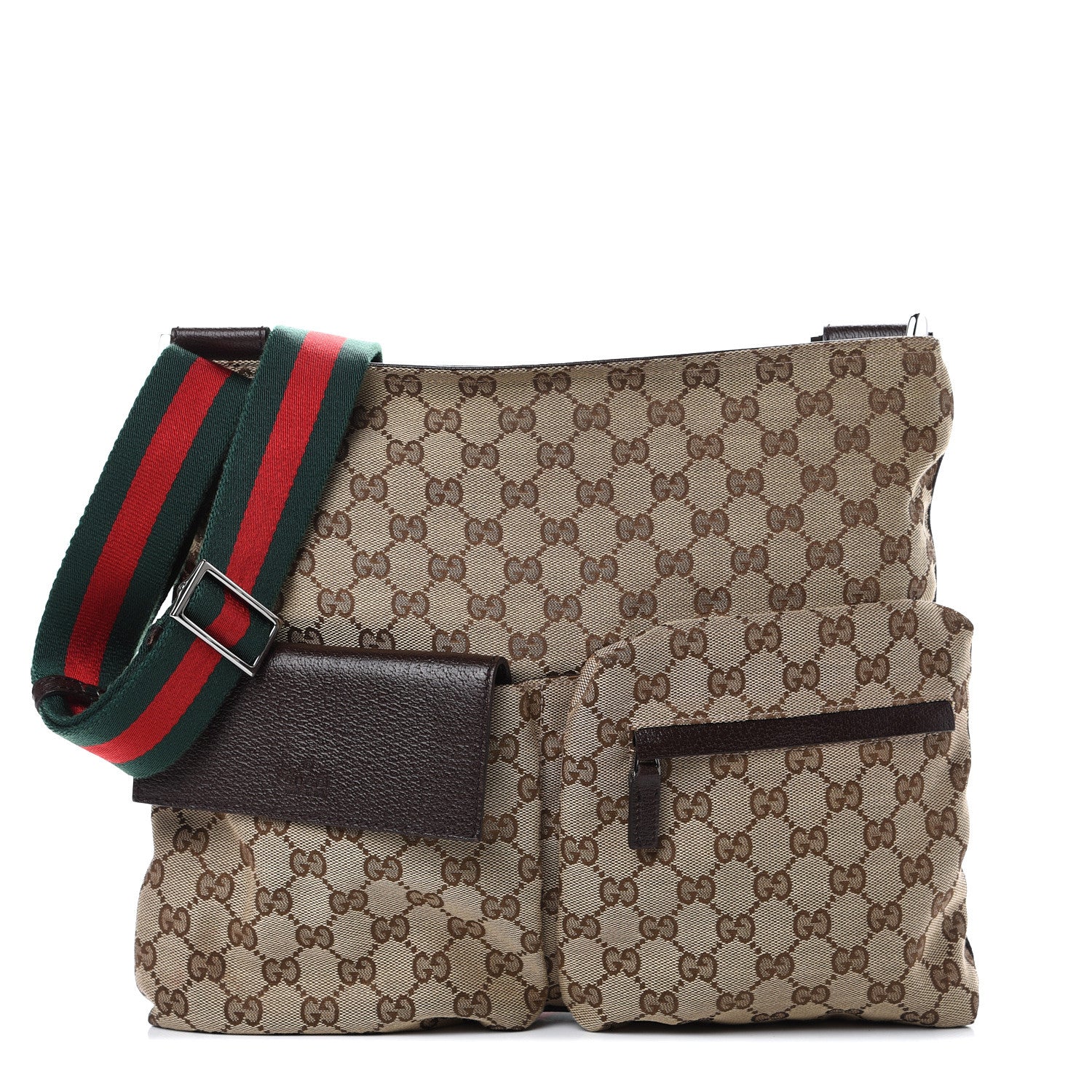 Gucci Monogram Web Medium Double Pocket Messenger Bag Dark Brown 1 of 10