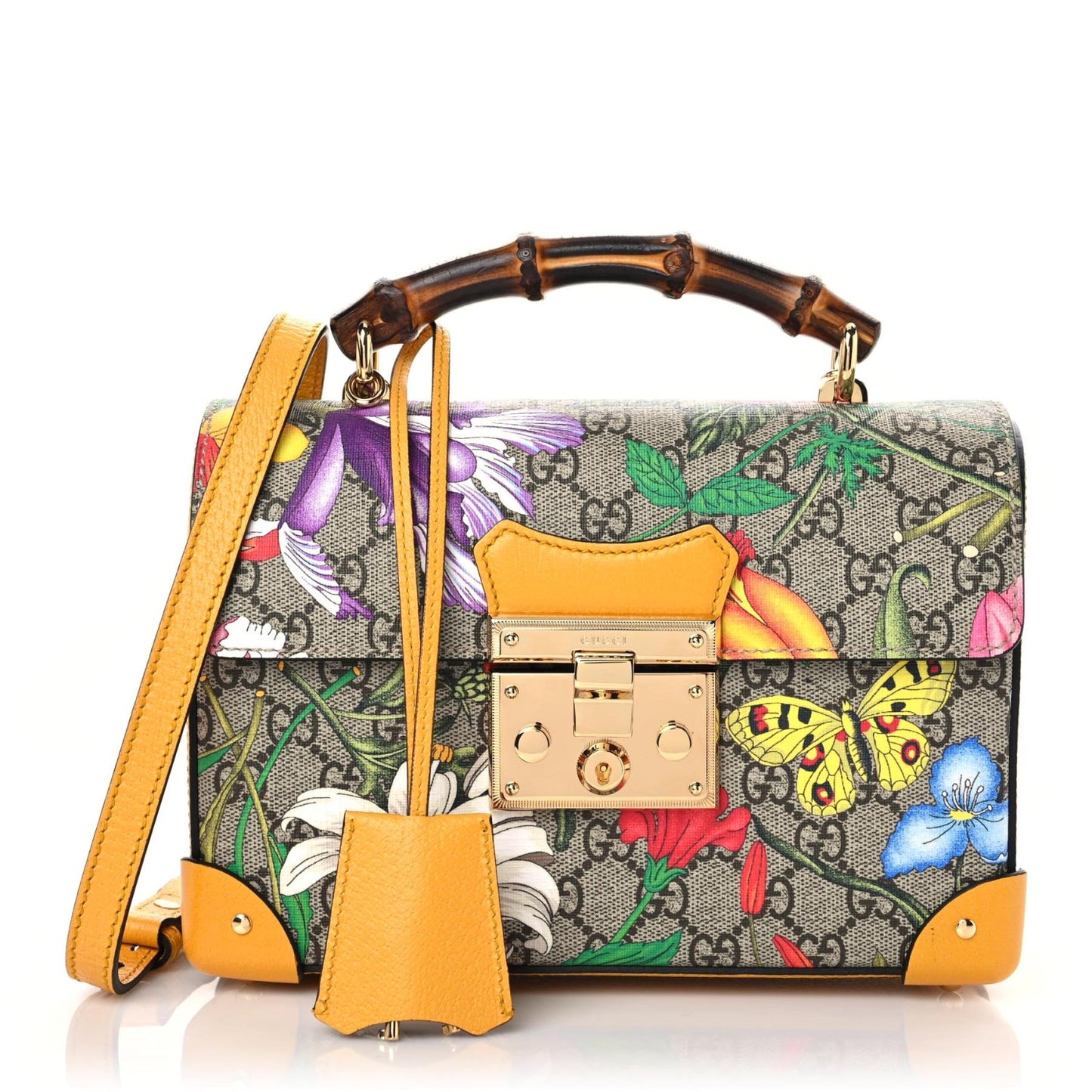 GG Supreme Monogram Flora Small Padlock Bamboo Shoulder Bag Beige Multicolor Crop