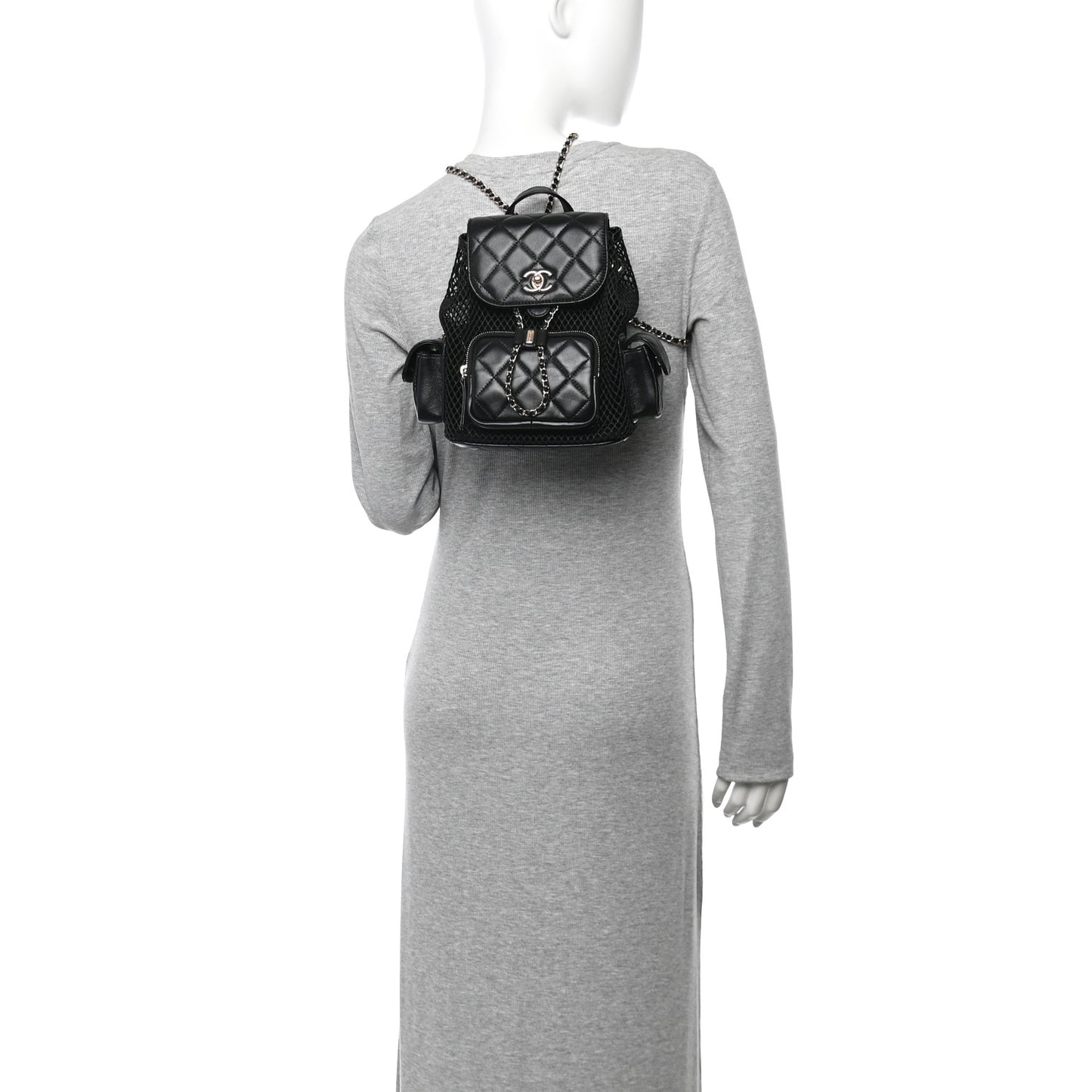 Shiny Lambskin Mesh Quilted Small Cargo Duma Drawstring Backpack Black