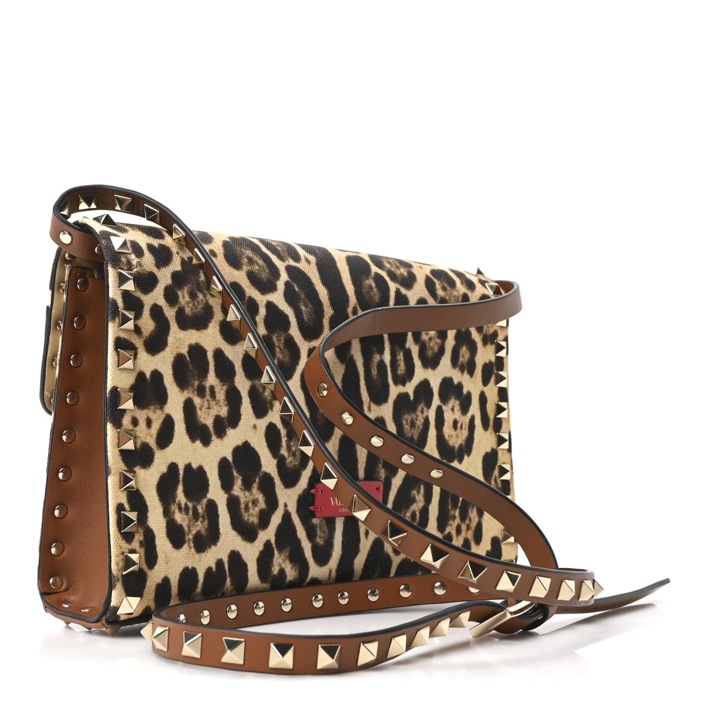 Calfskin Canvas Leopard Print Medium Rockstud Flip Lock Crossbody Bag Tan
