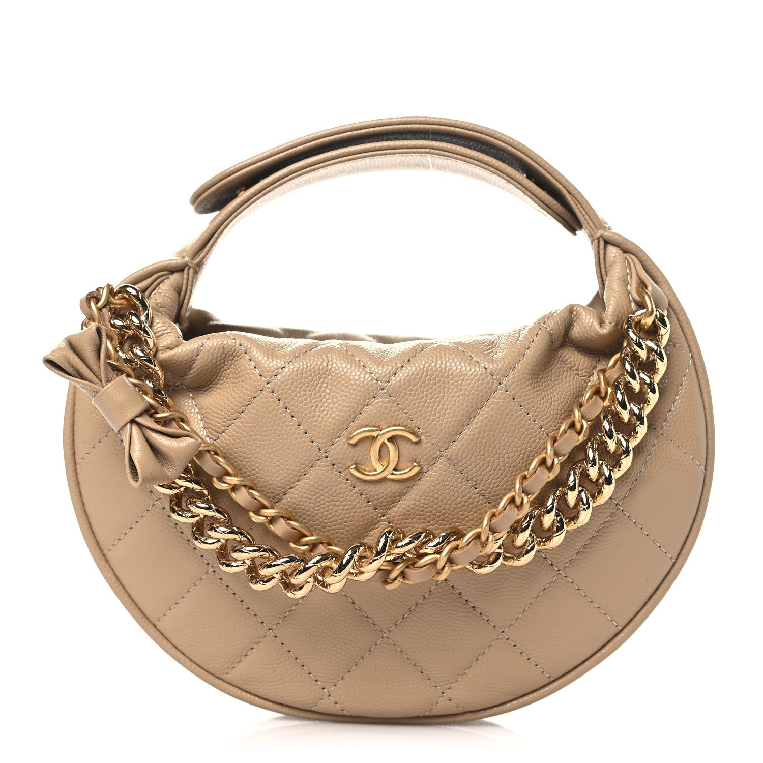 Chanel Shiny Caviar Quilted Bow Pouch Hobo Dark Beige 1 of 10