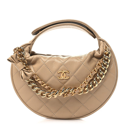 Chanel Shiny Caviar Quilted Bow Pouch Hobo Dark Beige 1 of 10