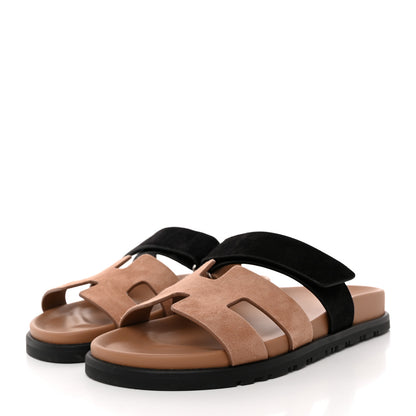 Hermes Suede Goatskin Womens Chypre Sandals 37.5 Rose Perle Black 3 of 11