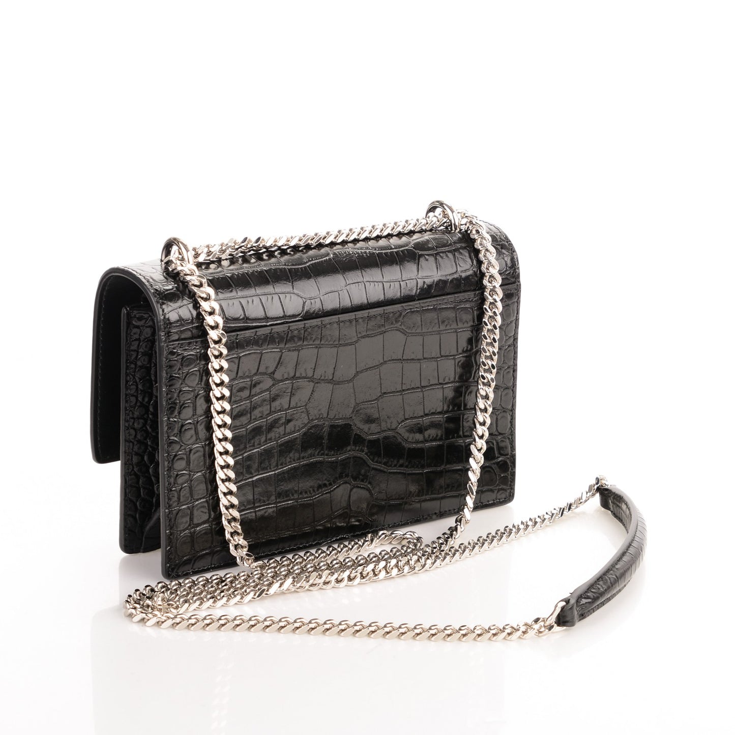 Calfskin Crocodile Embossed Monogram Sunset Chain Wallet Black