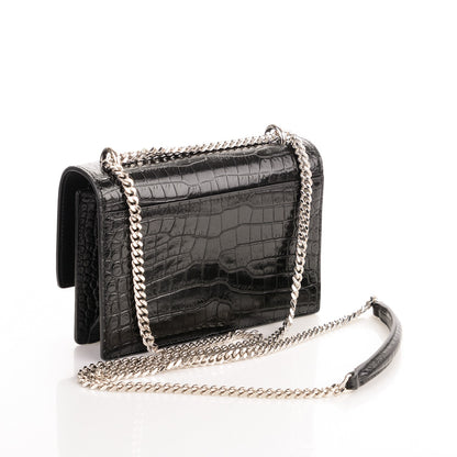 Saint Laurent Calfskin Crocodile Embossed Monogram Sunset Chain Wallet Black 3 of 6