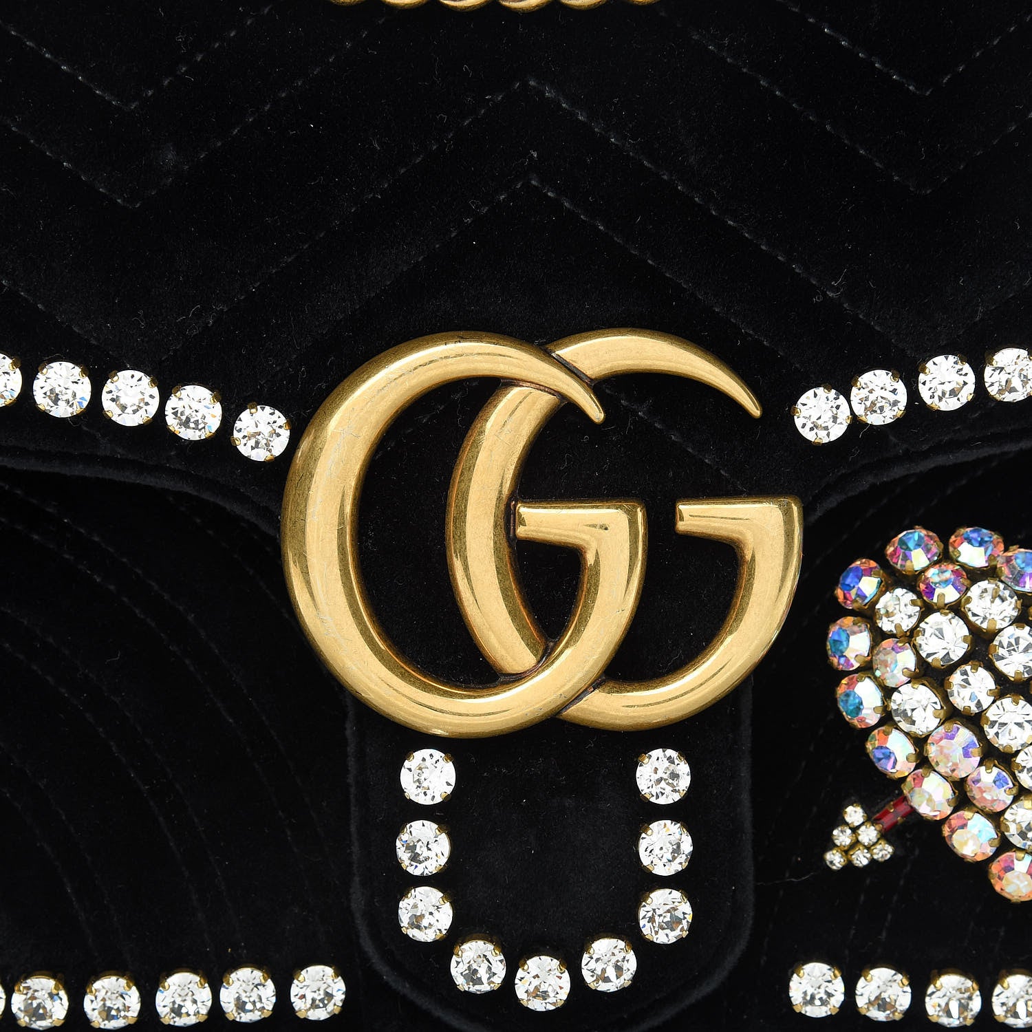 Gucci Velvet Matelasse Crystal Medium GG Marmont Shoulder Bag Black 9 of 21