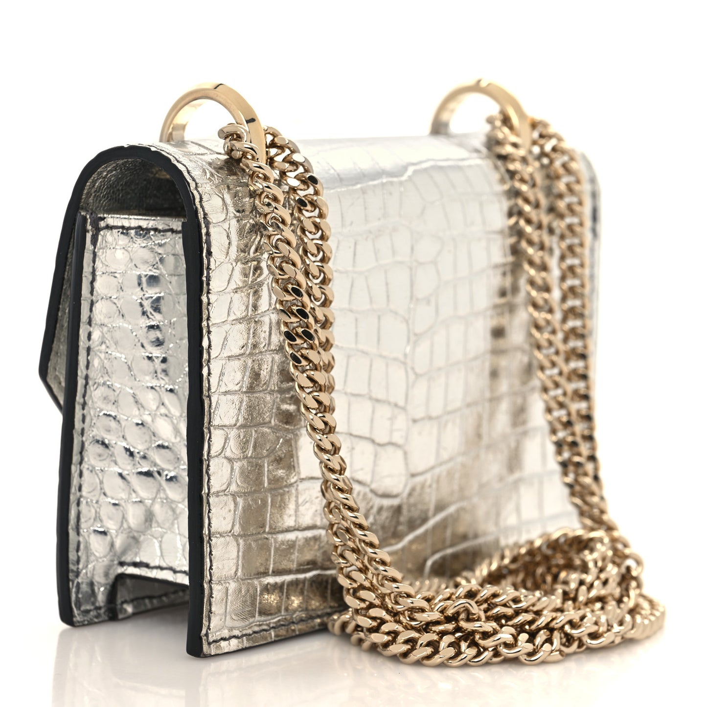 Metallic Calfskin Crocodile Embossed Mini Paris Crossbody Silver