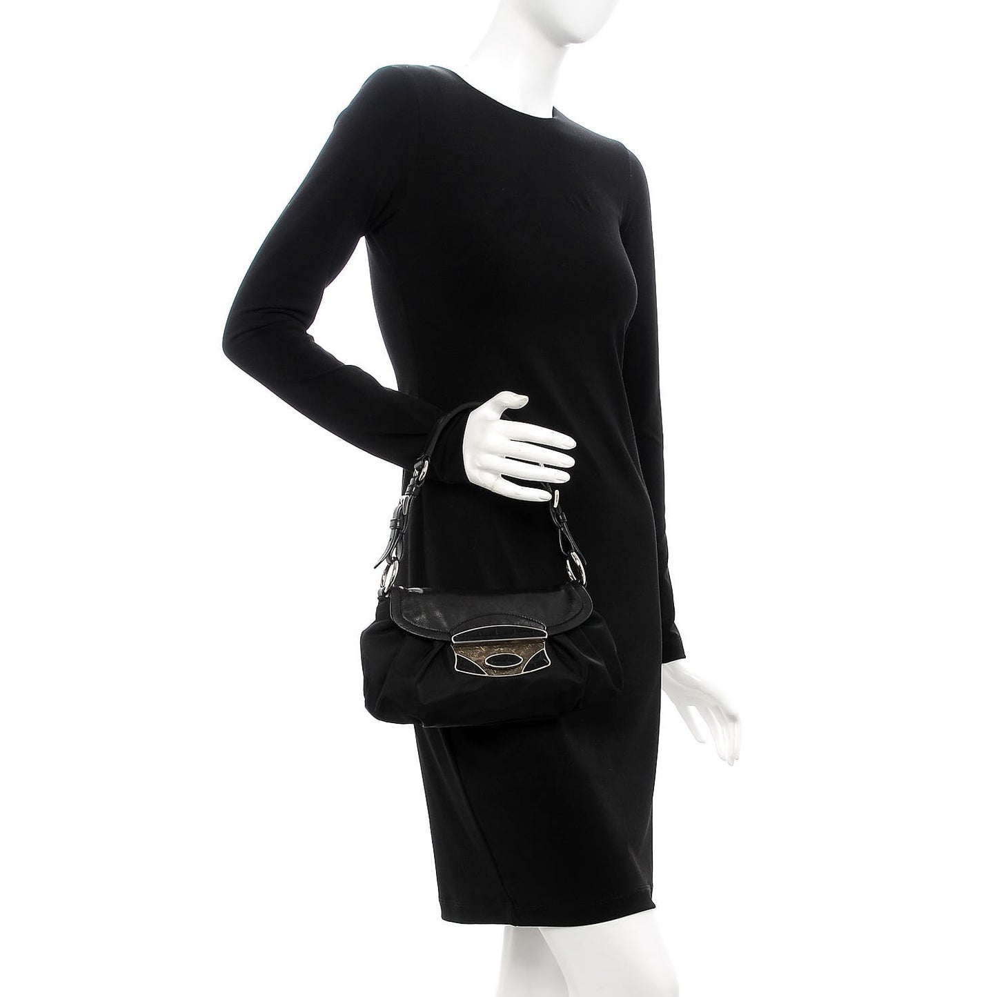 Tessuto Nylon Vitello Croc Antic Jeweled Shoulder Bag Black