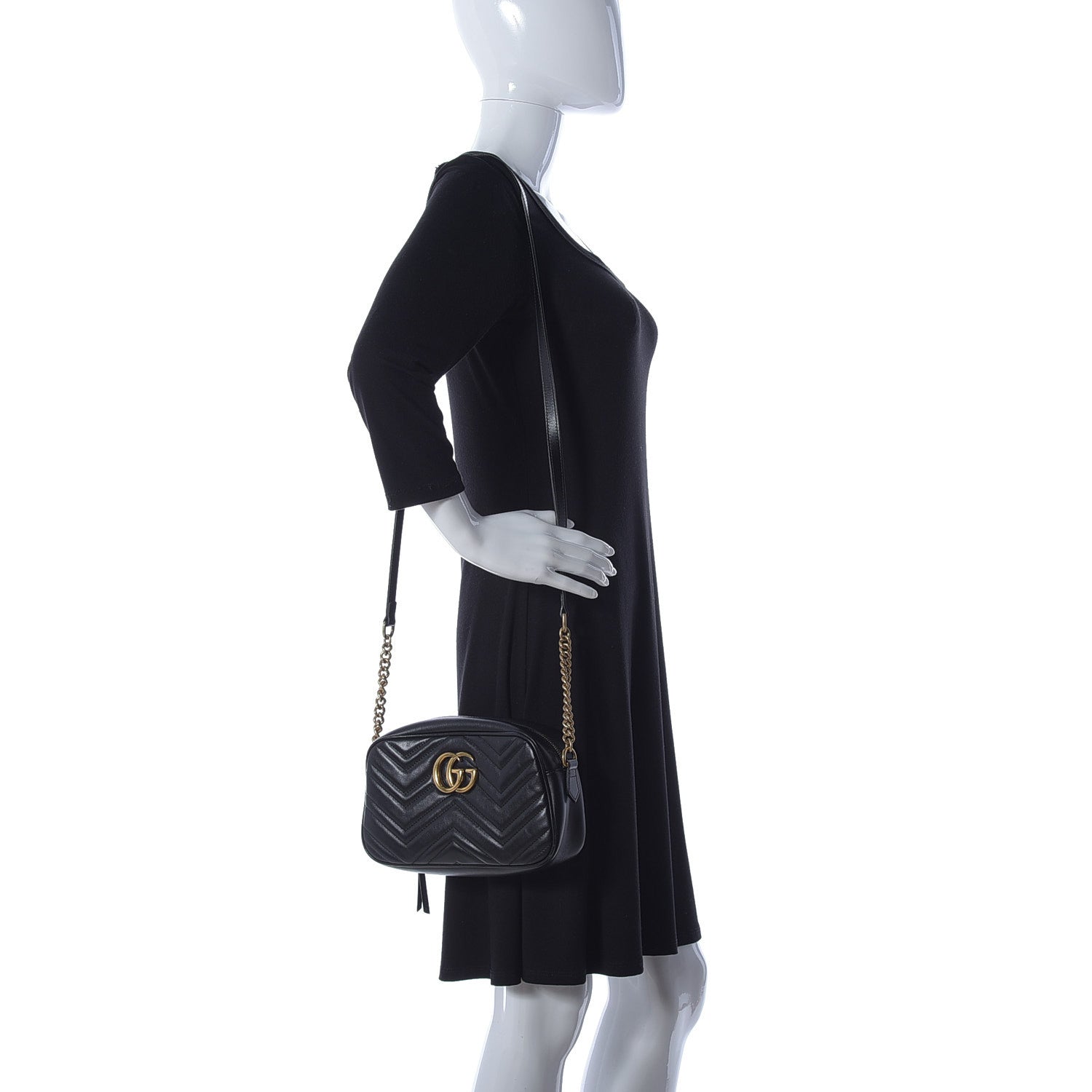 Gucci Calfskin Matelasse Small GG Marmont Chain Shoulder Bag Black 3 of 9