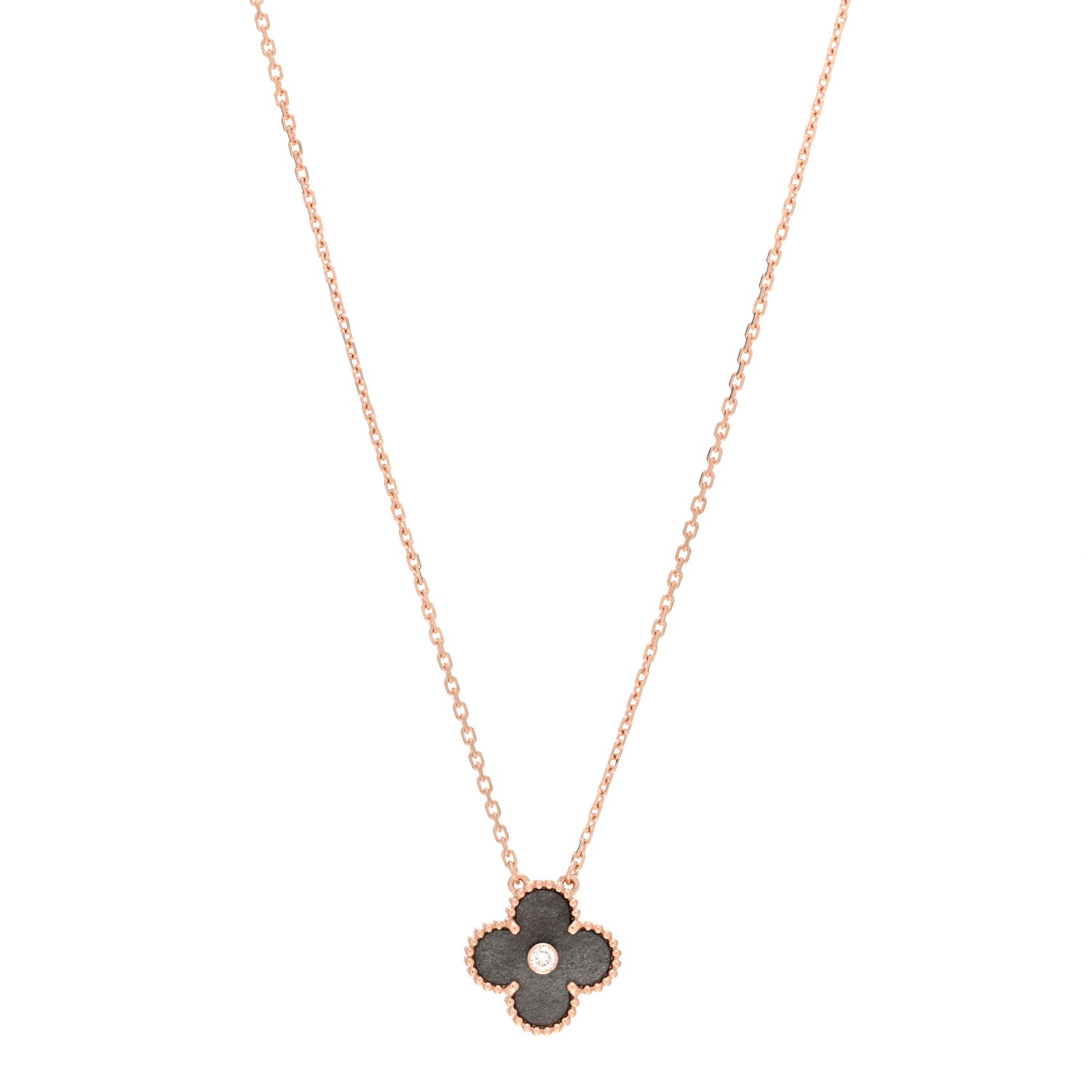 Van Cleef & Arpels 18K Rose Gold Diamond Silver Obsidian Vintage Alhambra Pendant Necklace 1 of 6