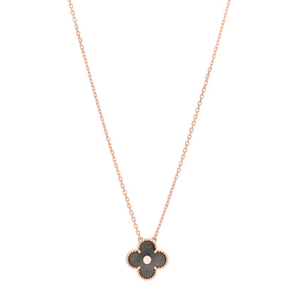 Van Cleef & Arpels 18K Rose Gold Diamond Silver Obsidian Vintage Alhambra Pendant Necklace 1 of 6