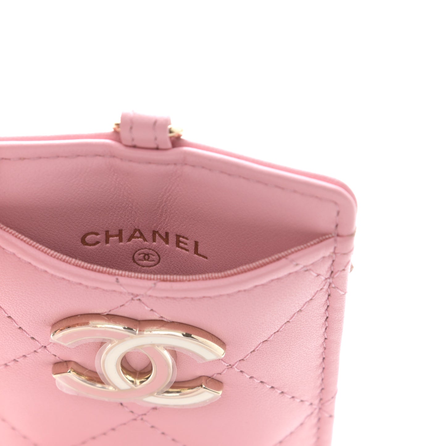 Lambskin Quilted Chanel Card Holder On Chain Pink