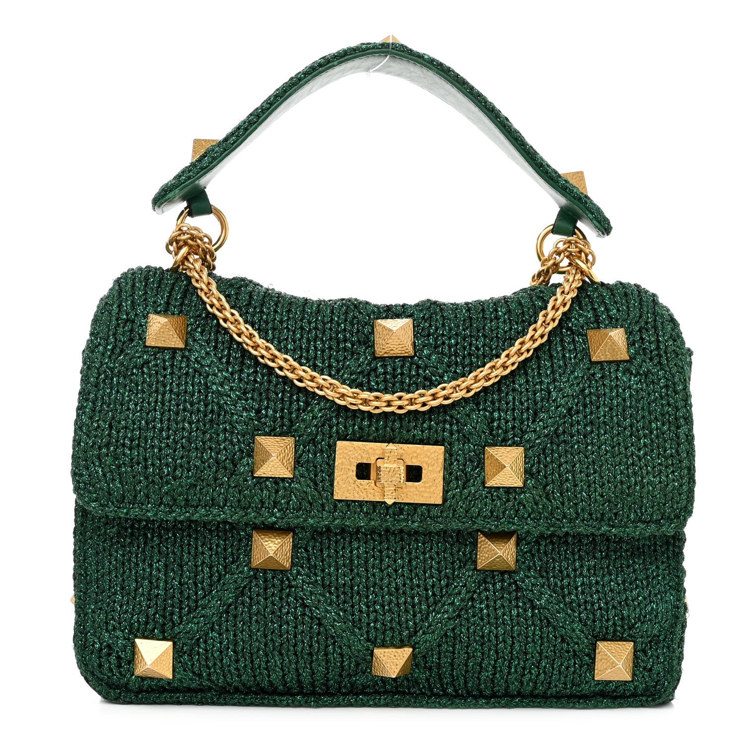 Valentino Garavani Metallic Woven Lurex Large Roman Stud Shoulder Bag Jungle 1 of 12