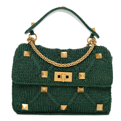 Valentino Garavani Metallic Woven Lurex Large Roman Stud Shoulder Bag Jungle 1 of 12