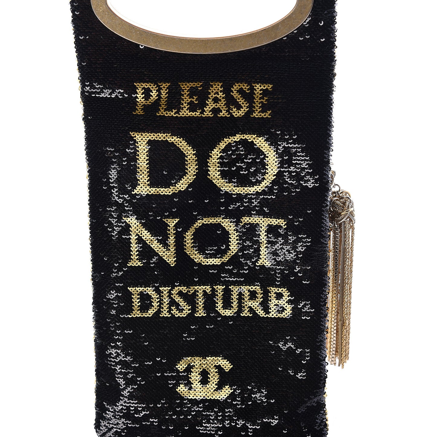 Sequin Do Not Disturb Minaudiere Clutch Black Gold