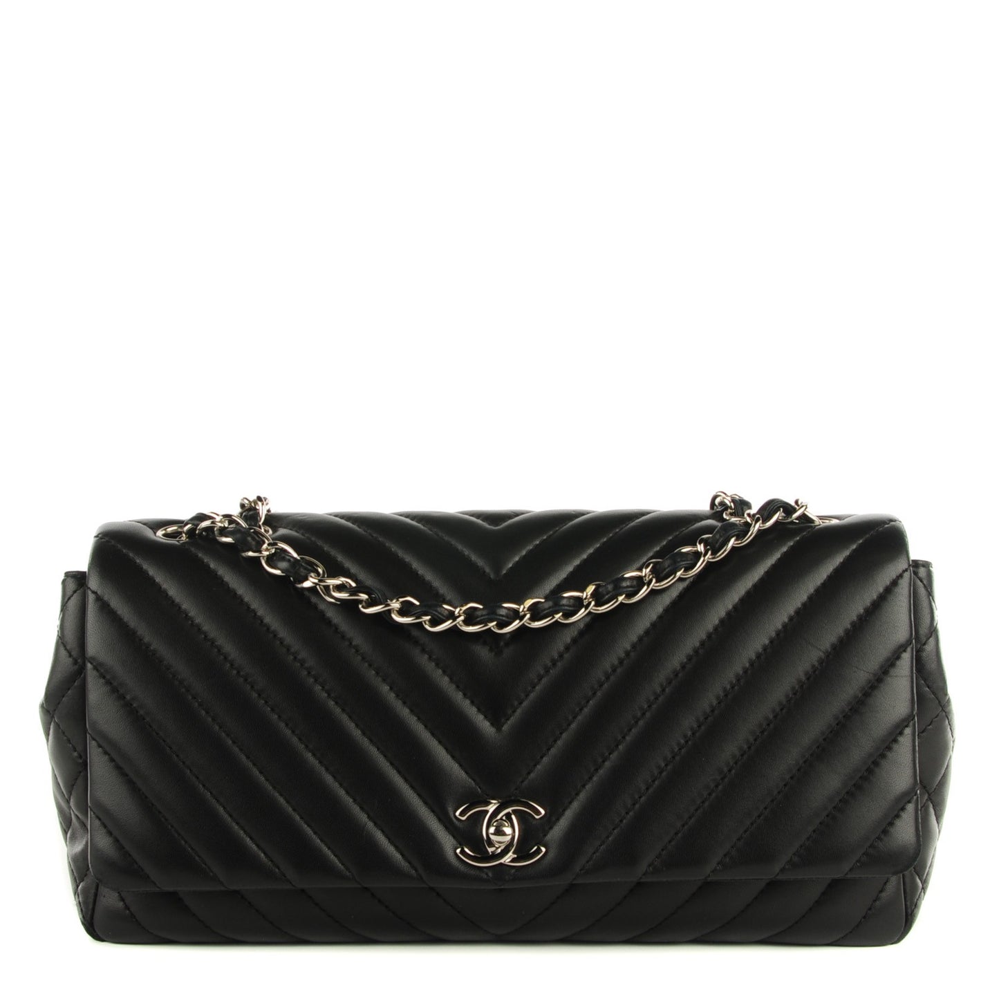 Lambskin Chevron Quilted Large Surpique Flap Black