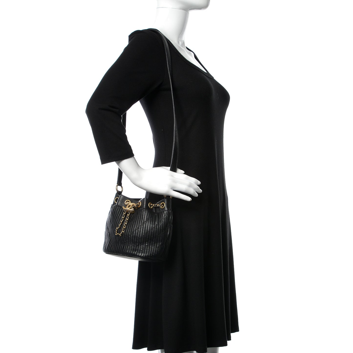 Iridescent Crumpled Calfskin Coco Pleats Small Drawstring Bag Black