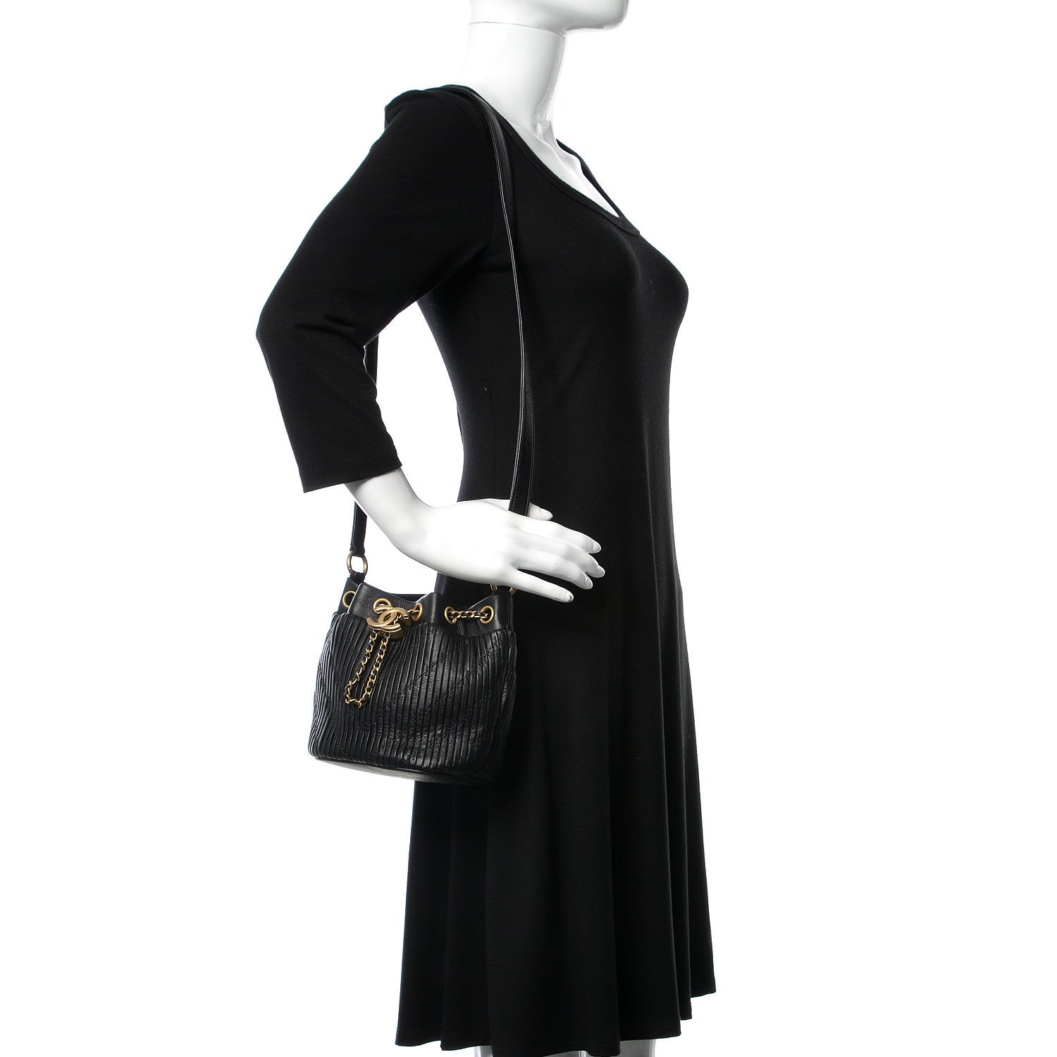 Chanel Iridescent Crumpled Calfskin Coco Pleats Small Drawstring Bag Black 2 of 10