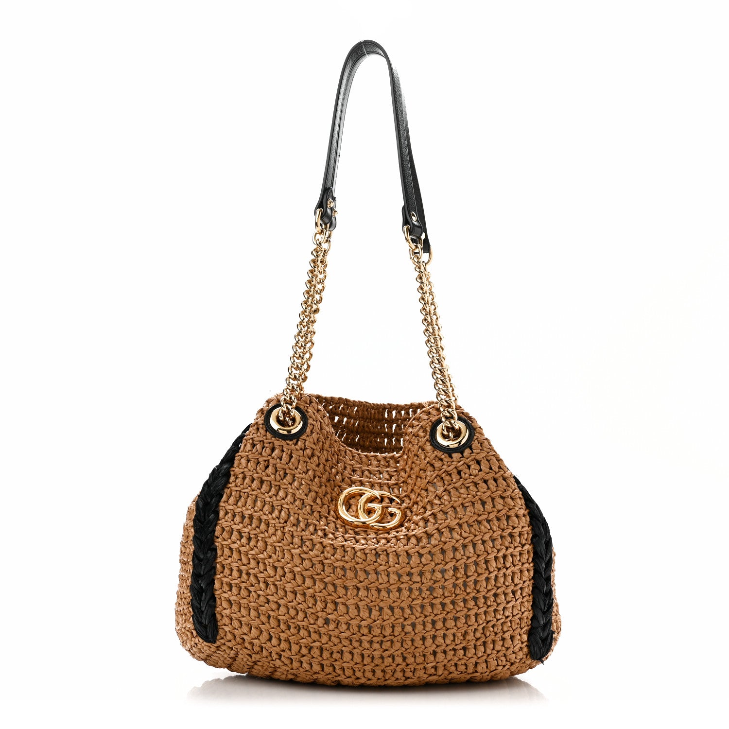 Gucci Raffia Effect Medium GG Marmont Shoulder Tote Bag Natural Black 1 of 10