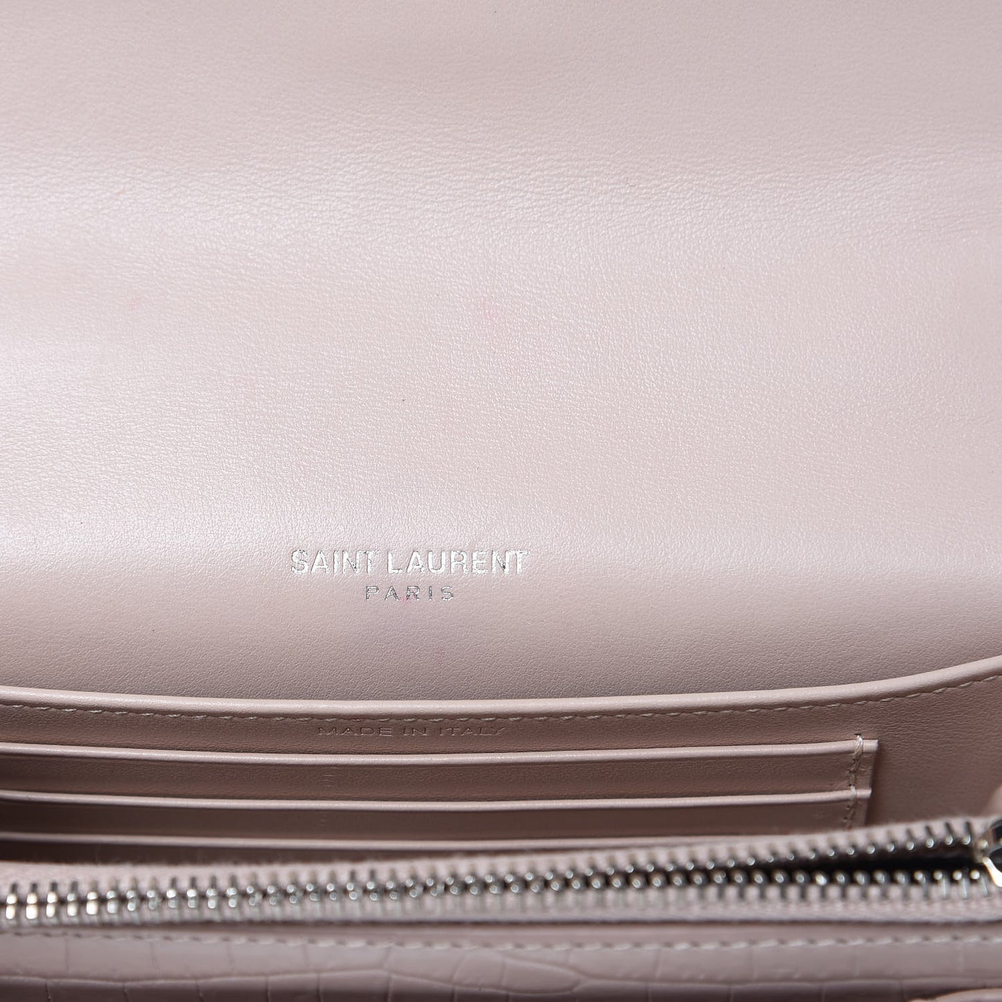 Calfskin Crocodile Embossed Monogram Sunset Chain Wallet Soft Nude