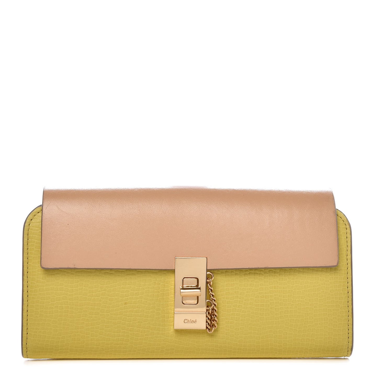 Grained Calfskin Lambskin Drew Long Wallet with Flap Yellow Beige