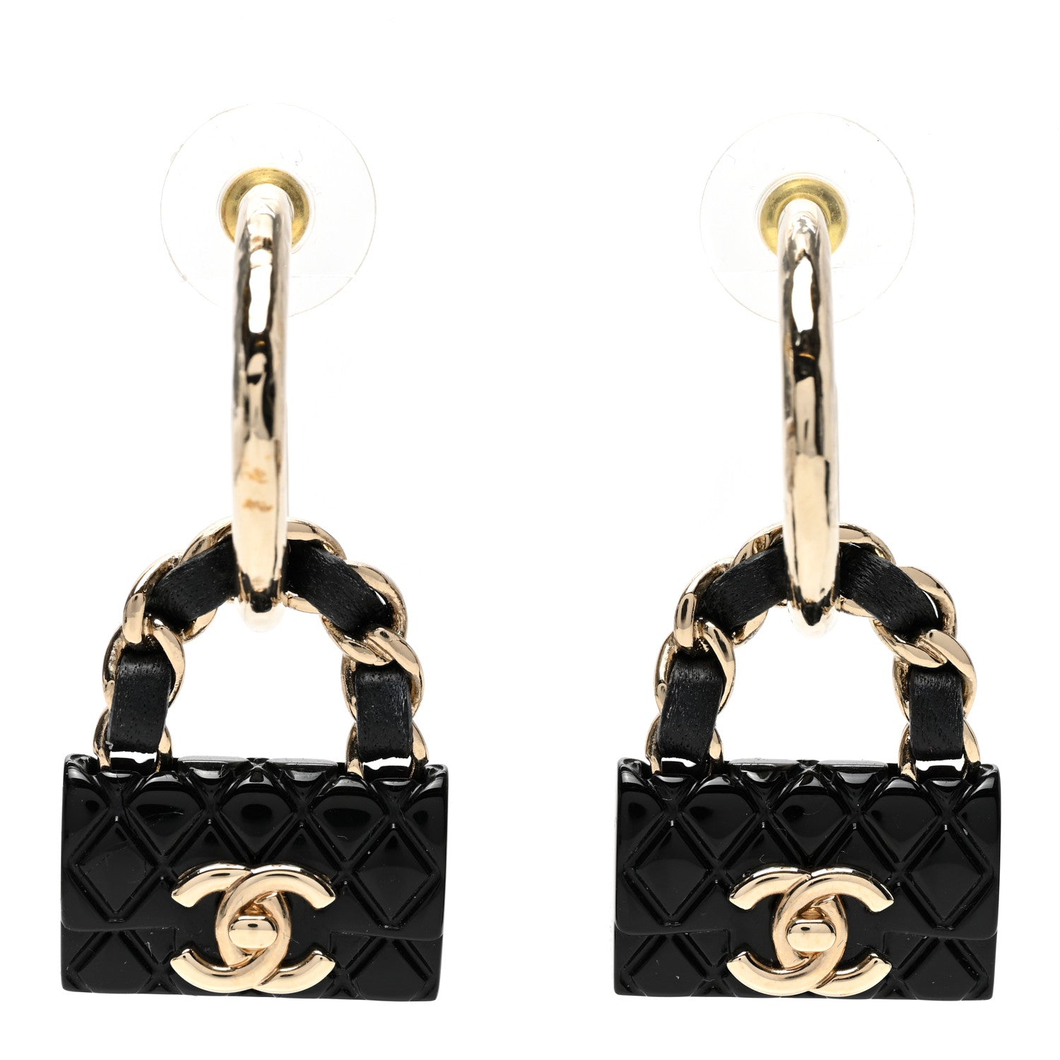 Chanel Metal Resin Lambskin Quilted CC Turnlock Chain Bag Hoop Earrings Black Gold 1 of 5