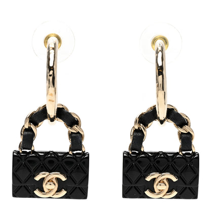 Chanel Metal Resin Lambskin Quilted CC Turnlock Chain Bag Hoop Earrings Black Gold 1 of 5
