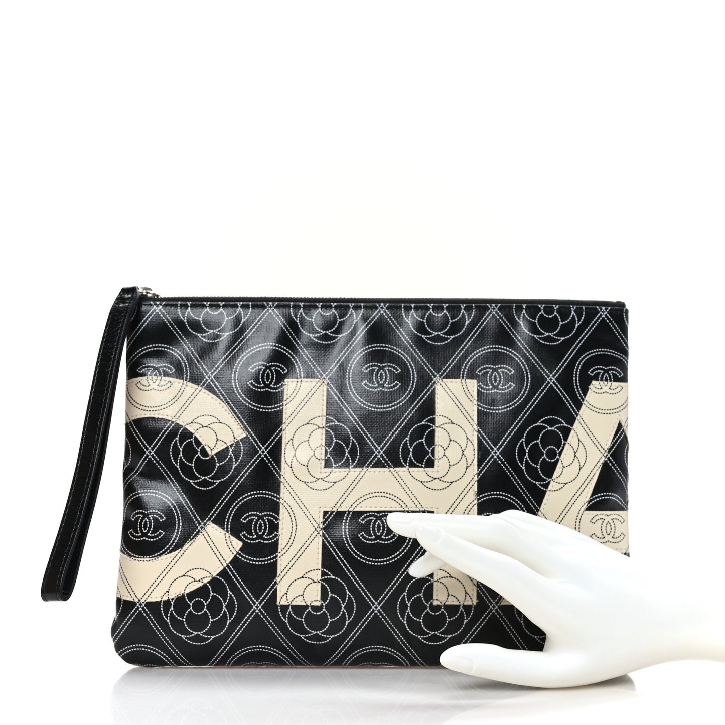 Coated Canvas Calfskin Camellia Printed Pouch Black Beige