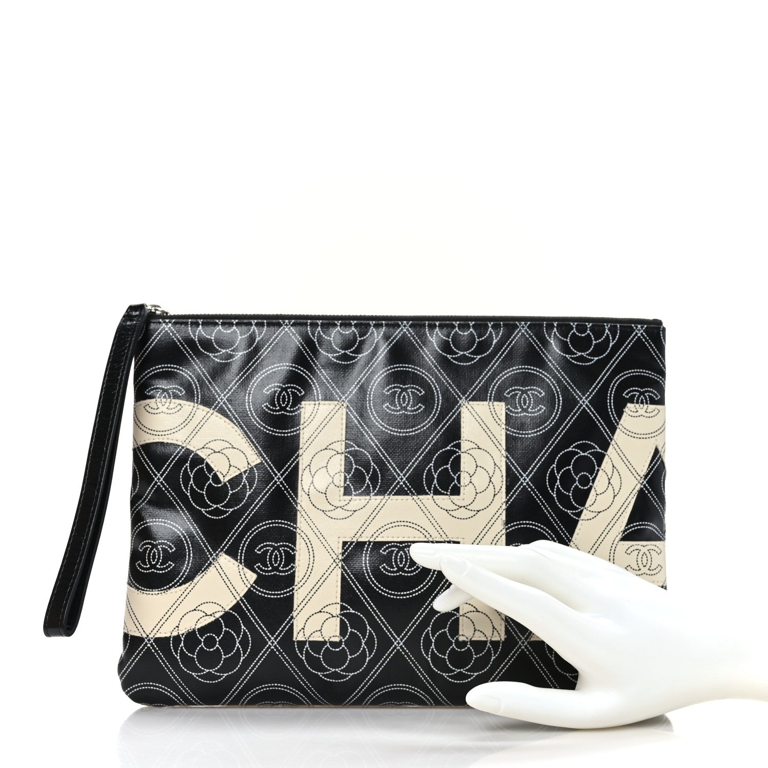 Chanel Coated Canvas Calfskin Camellia Printed Pouch Black Beige 2 of 7