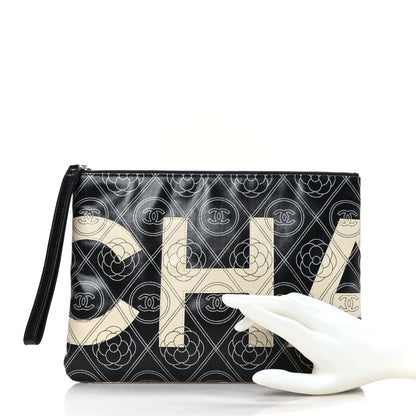 Chanel Coated Canvas Calfskin Camellia Printed Pouch Black Beige 2 of 7