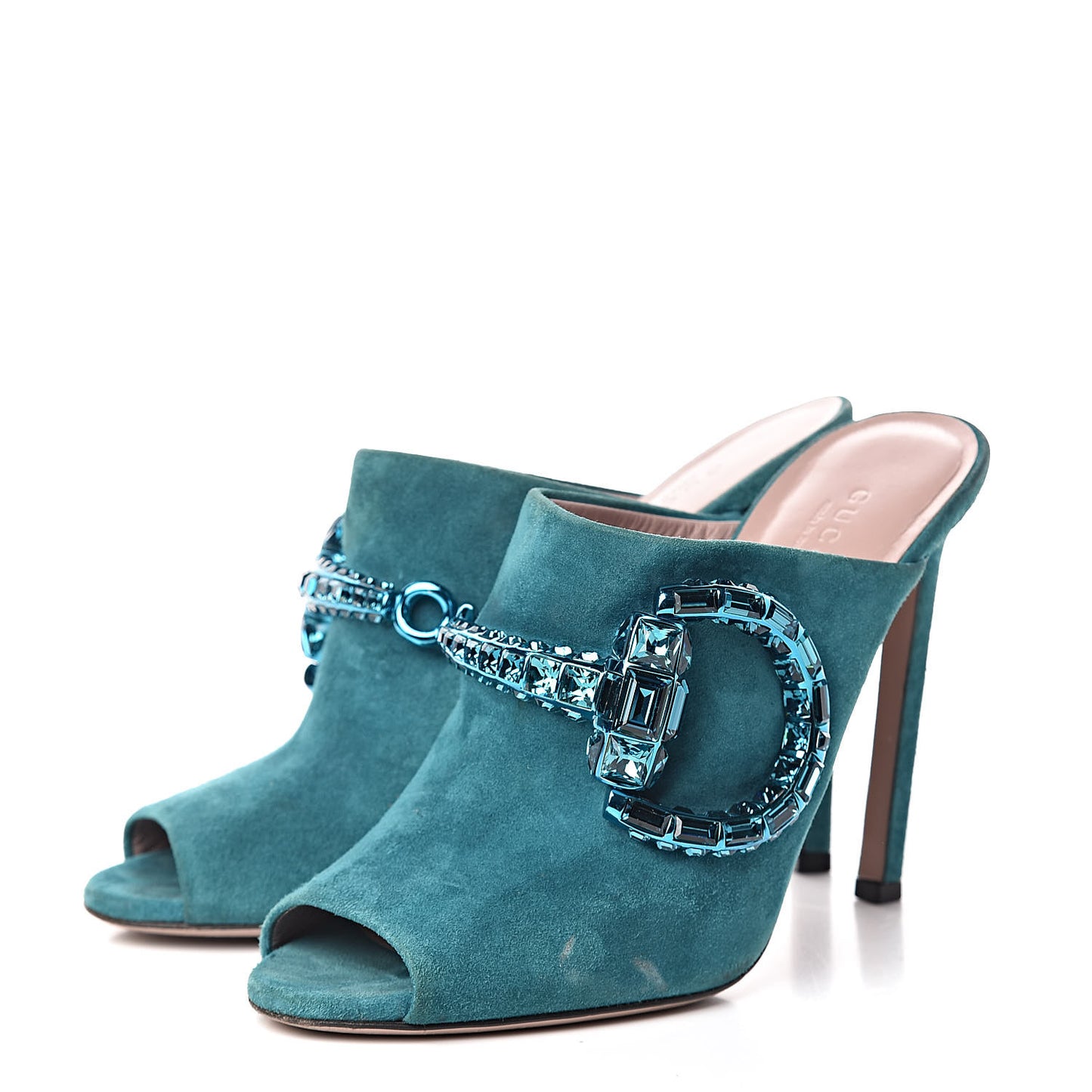 Suede Crystal Maxine Horsebit High Heel Slides 38 Dusty Turquoise