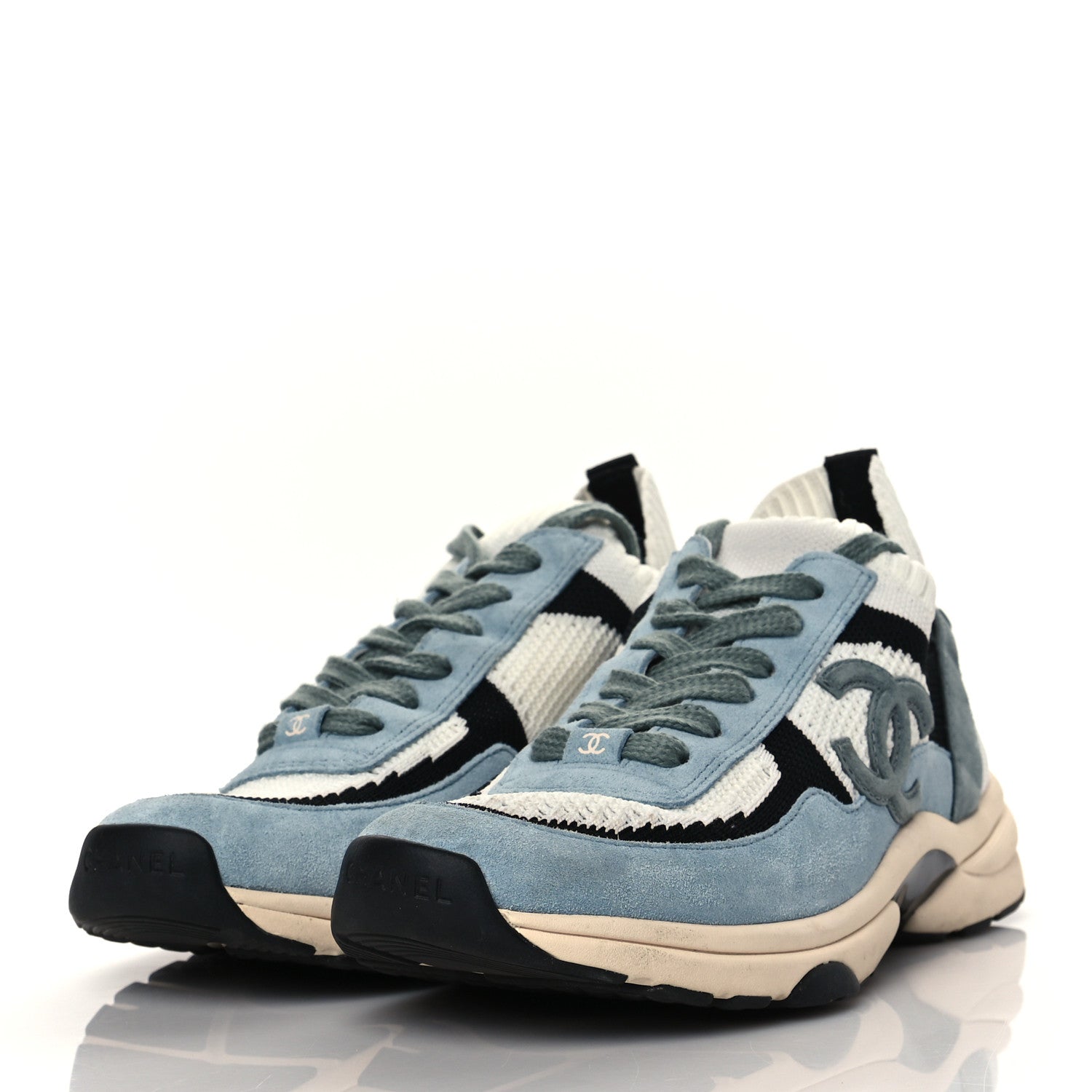 Chanel Mesh Suede Fabric Womens CC Sneakers 39.5 Blue Black White 3 of 7
